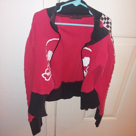 Red black & checkered skull & crossbones cropped moto sweatshirt - Picture 2 of 10